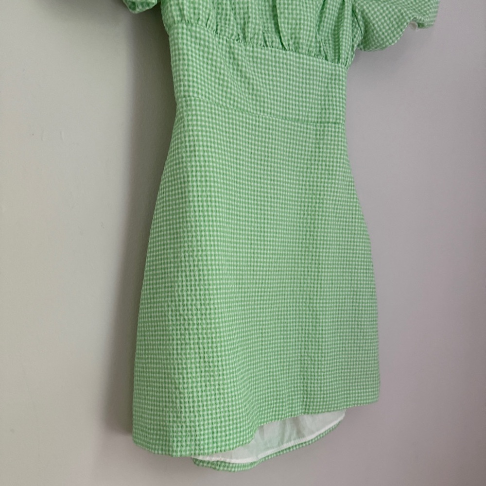 NWT Zara Lace Up Back Mini Dress Puff Sleeve Gingham Green and White Size Medium - Picture 10 of 12